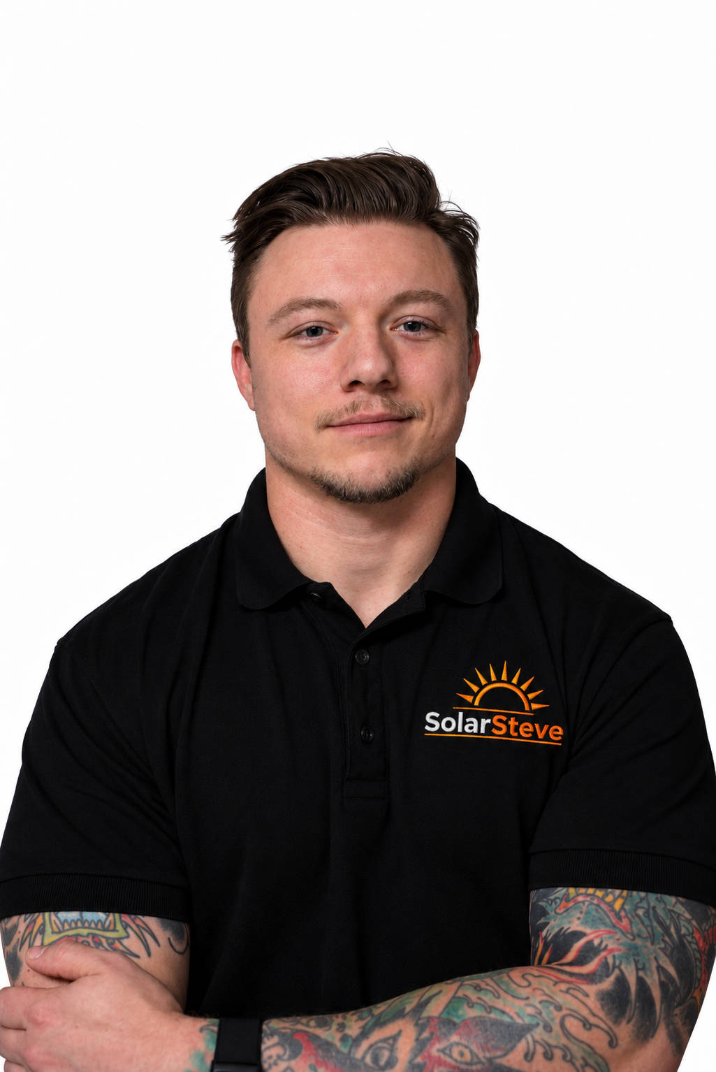 Steve Goupil wearing a black polo with the orange Solar Steve sunburst logo.